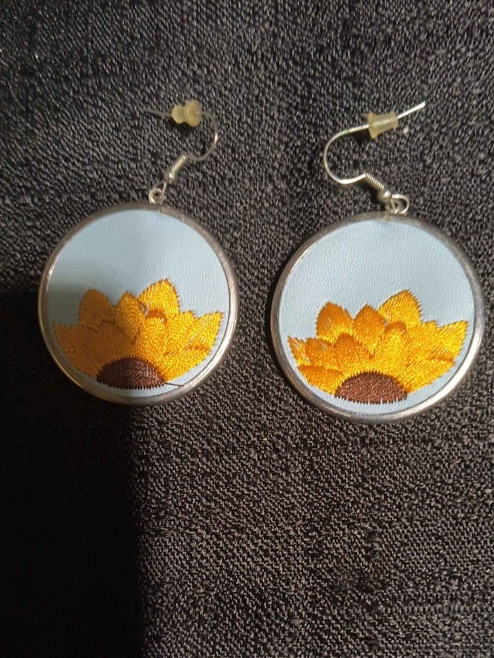Hand Crafted Yellow Sunflower Drop Earrings with Light Blue Accents